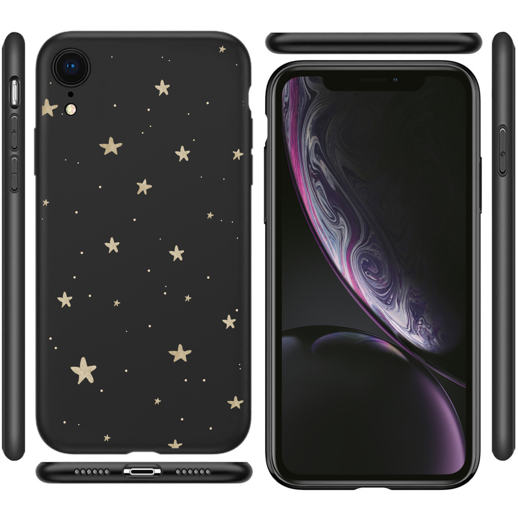 Zwarte telefoonhoes met gouden sterren. Telefoon rechts.