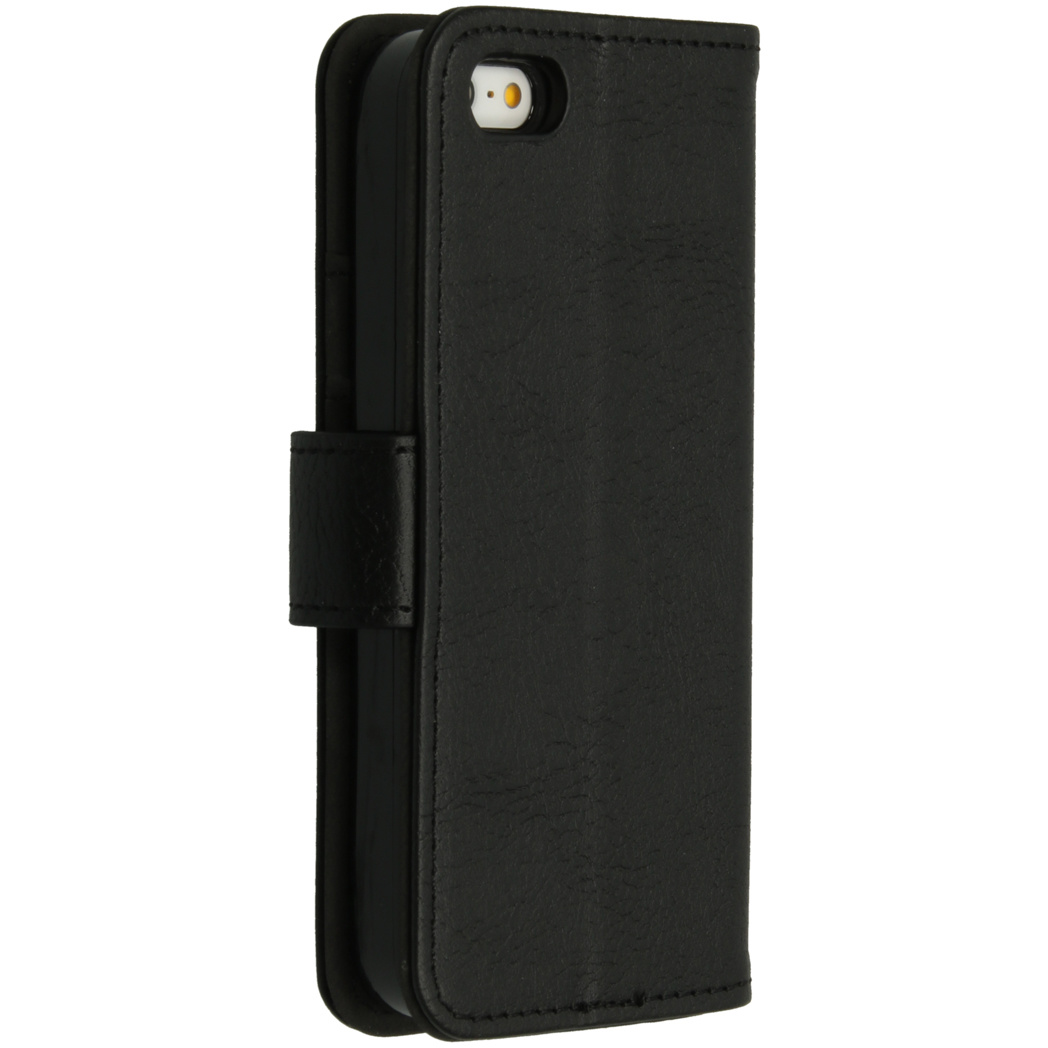 Étui de téléphone noir en forme de portefeuille, avec fermeture à lanière.