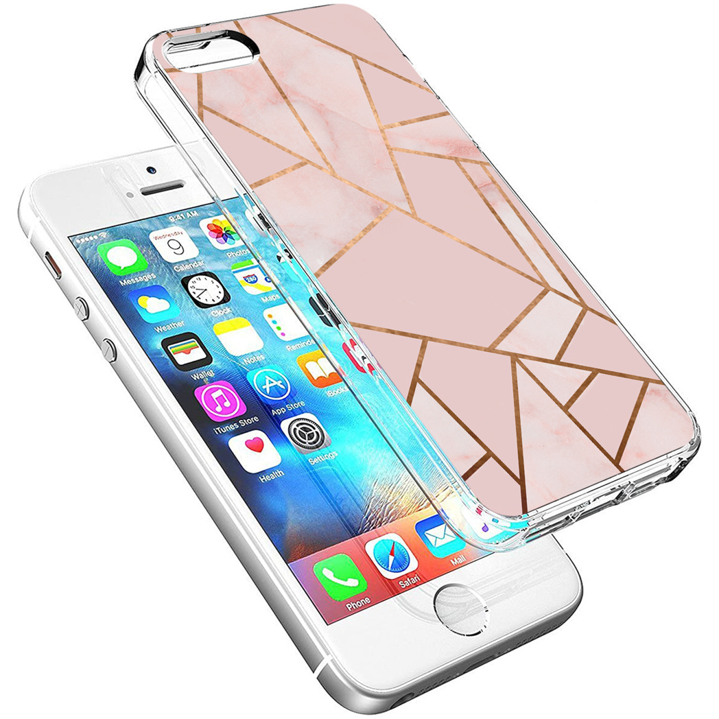 iPhone bianco con custodia in marmo rosa, parte anteriore trasparente e design geometrico dorato.