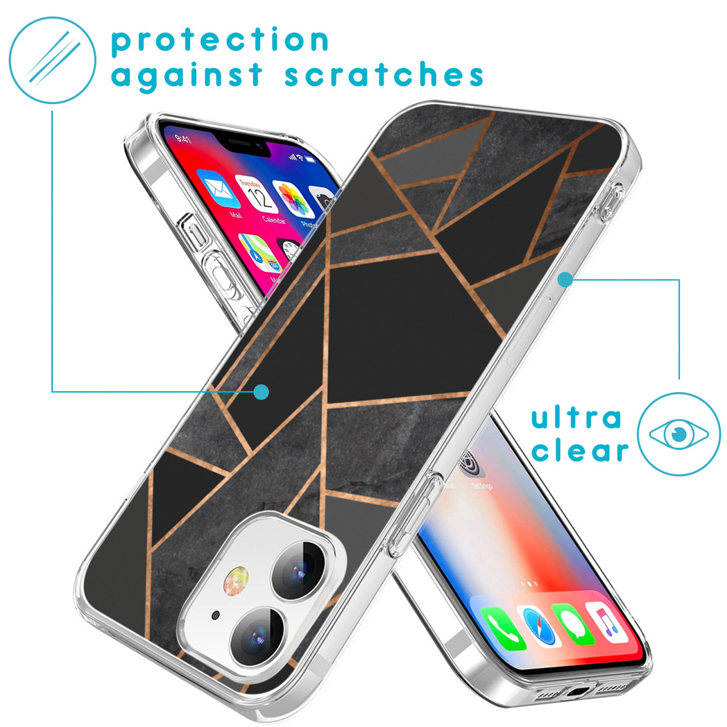 Custodia del telefono sul telefono. Design nero e grigio. Testo: 'Protezione dai graffi' e 'Ultra trasparente'.