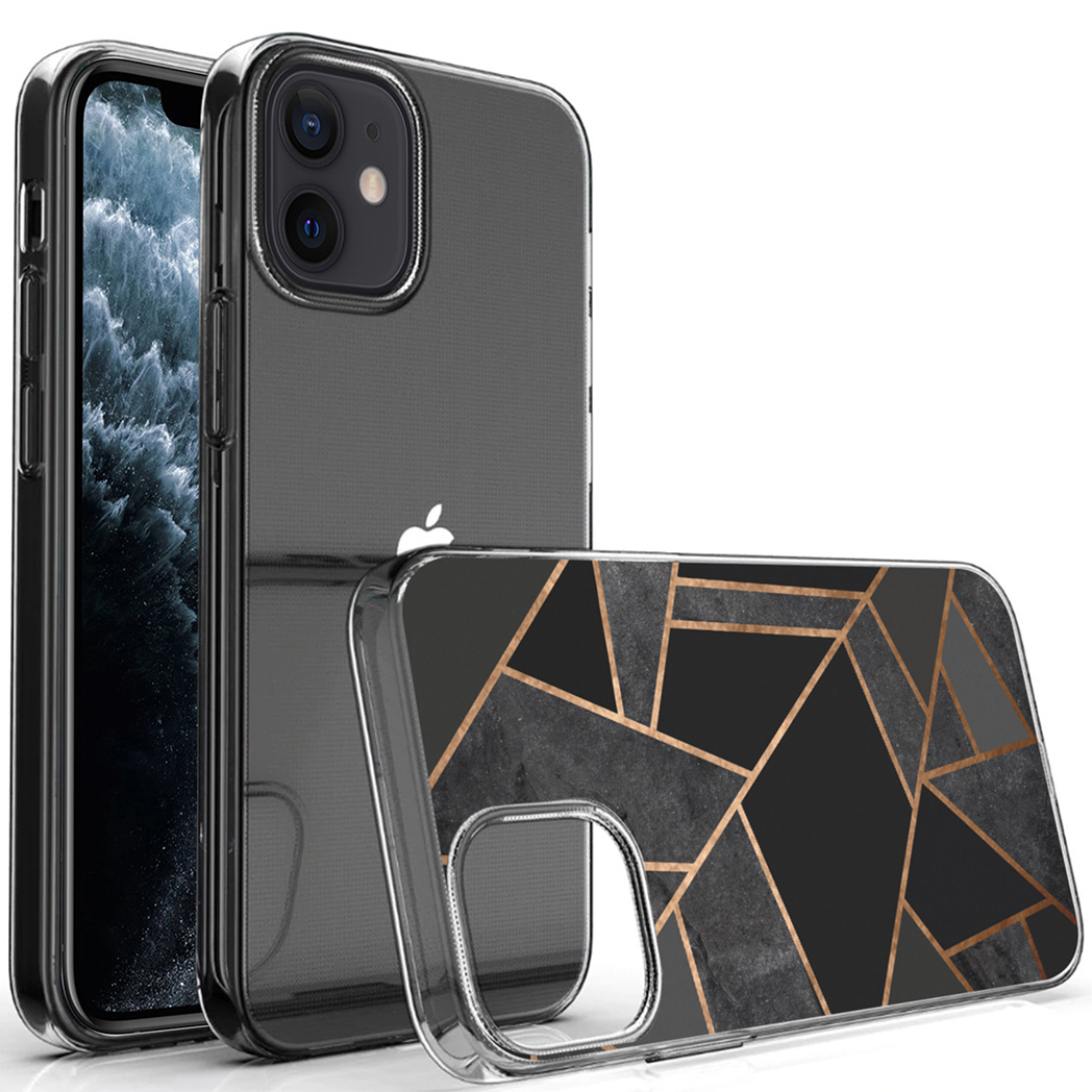 Due custodie per iPhone: una trasparente, una con un design geometrico nero e oro, entrambe con il logo Apple.