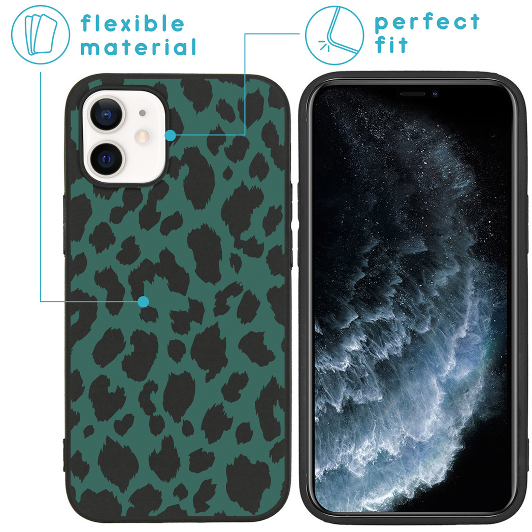 Custodia per telefono con stampa leopardata a sinistra. A destra, telefono con custodia nera.