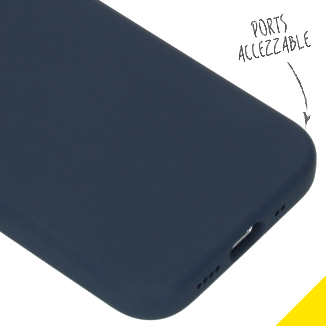 Close-up of a dark blue phone case with a port and the text "PORTS ACCESSIBLE".