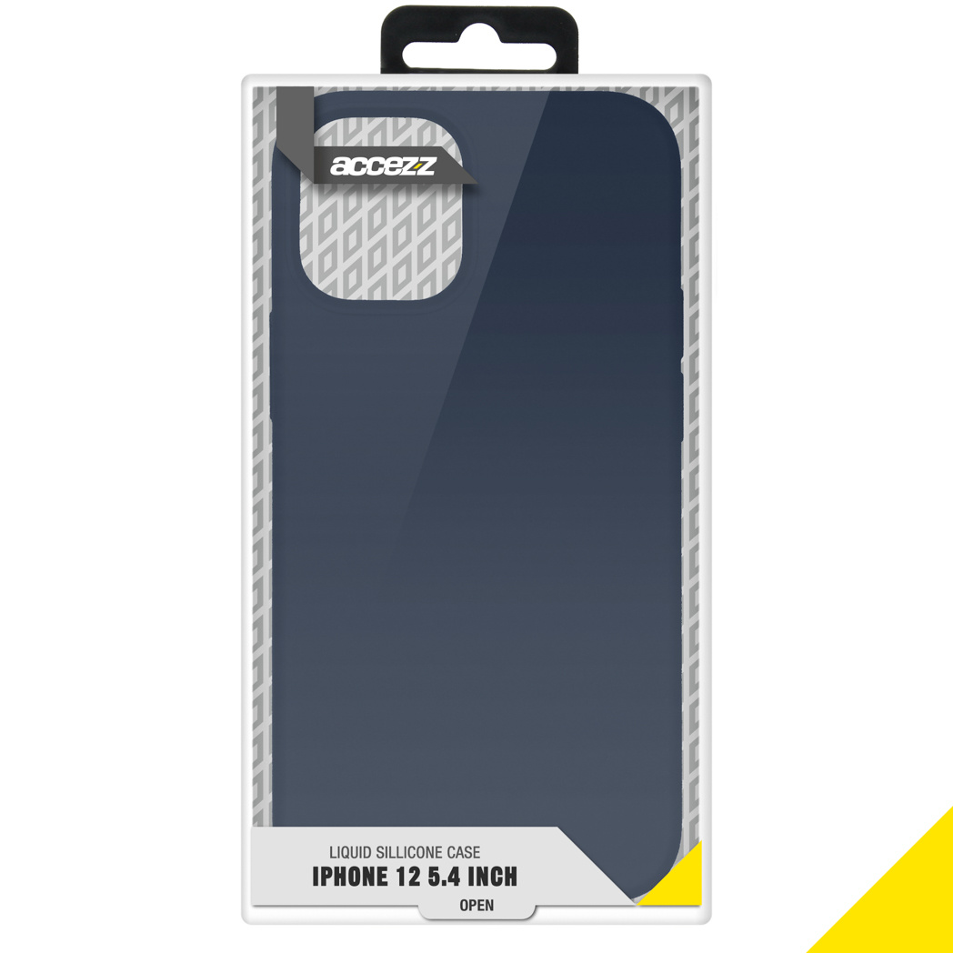Navy blue iPhone case with a clear plastic box, with a black hook on top.  Acczz logo on the top.