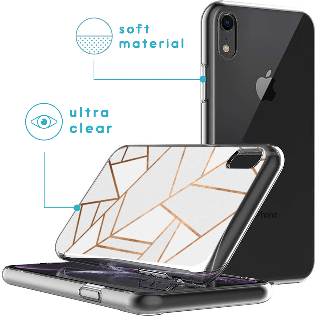 Coque de téléphone avec un design géométrique, montrant un matériau souple et une vue ultra claire.