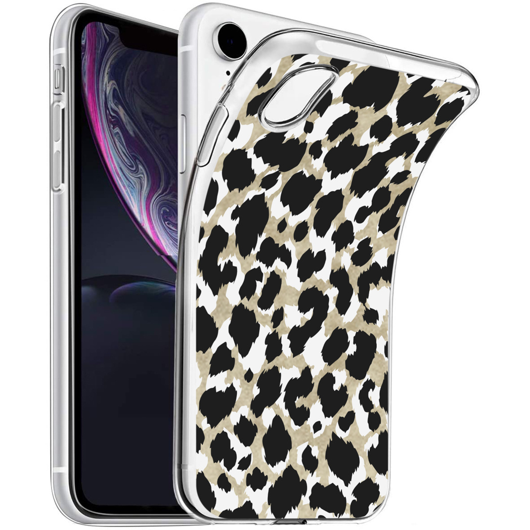 Un téléphone dans une coque transparente avec un motif léopard noir et crème.