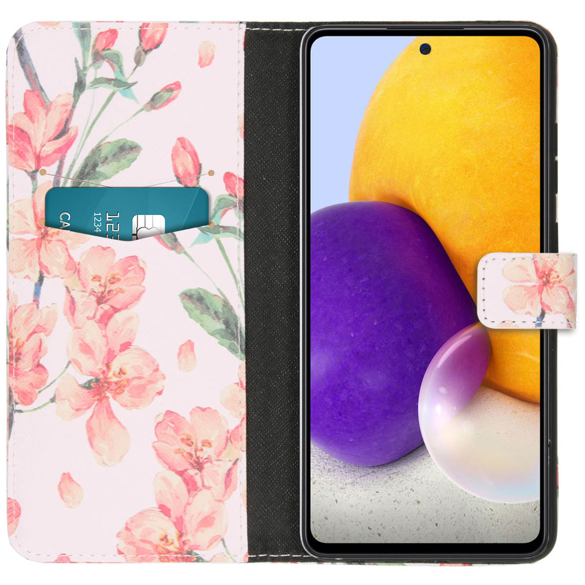 Coque de téléphone avec des fleurs. Une carte de crédit est dans l'étui.