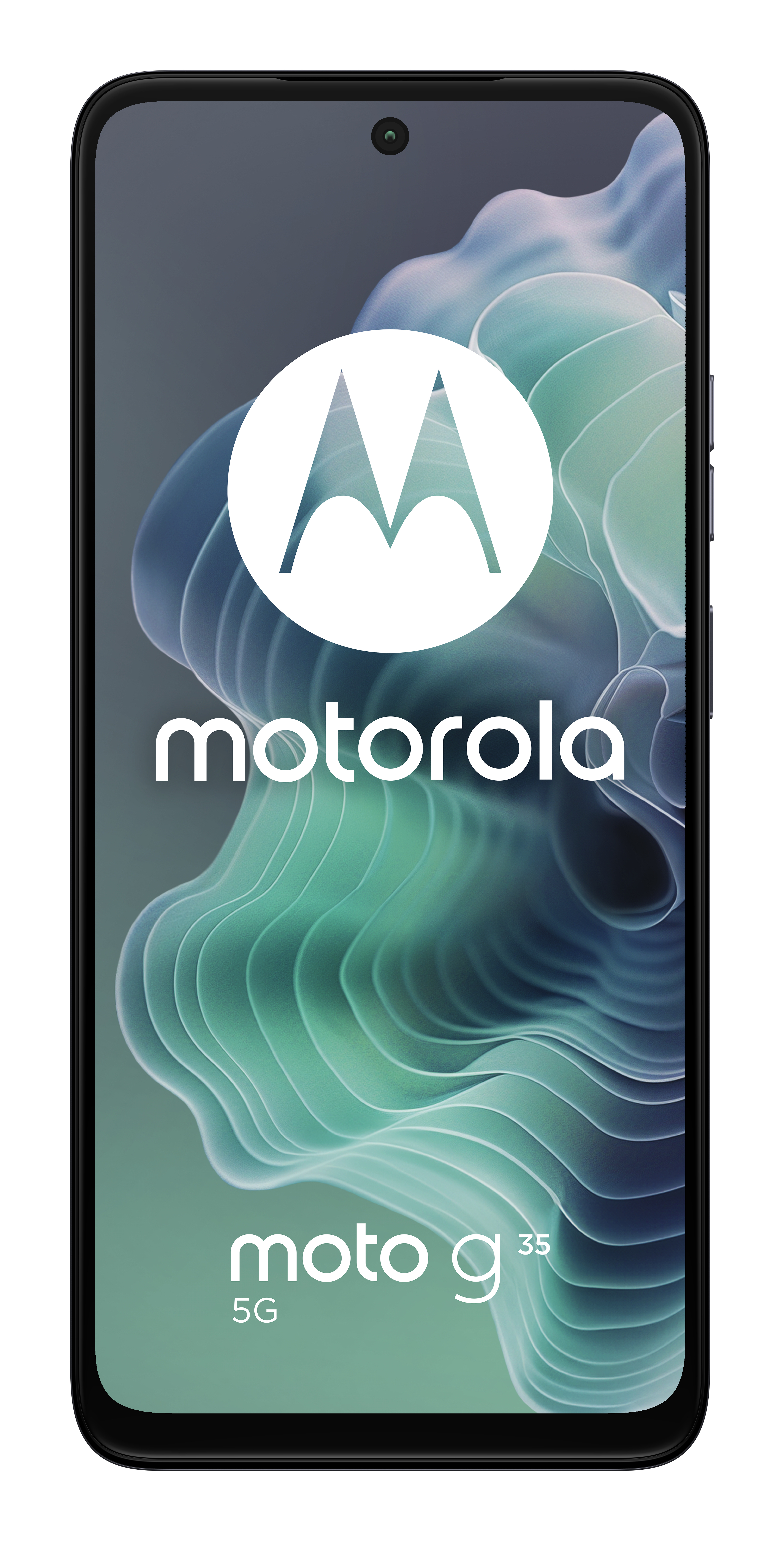 Telefon Motorola Moto G35 5G. Czarny ekran z nazwą i falistym tłem. Nowoczesny design.