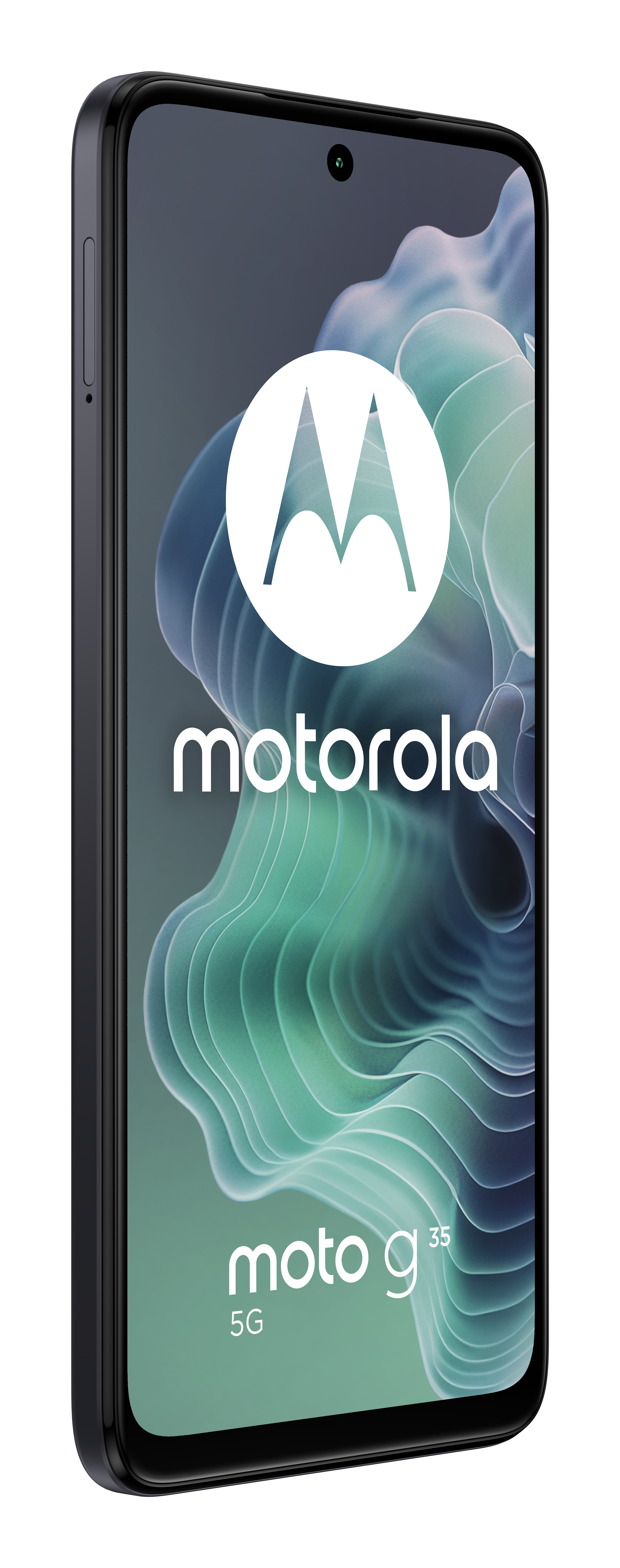 Smartfon Motorola Moto G35 5G, czarna ramka, białe logo Motorola na ekranie.