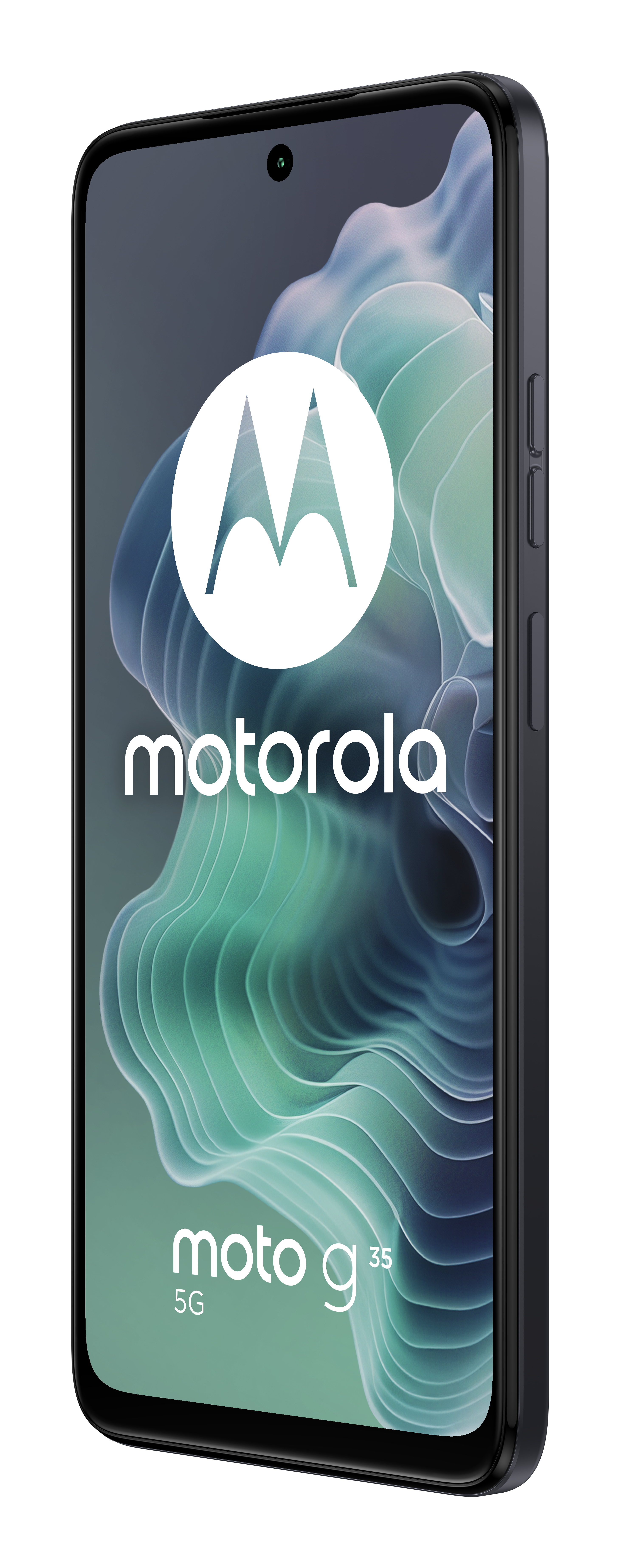 Czarny telefon Motorola, widok z boku. Ekran pokazuje nazwę marki i niebieskie tło.
