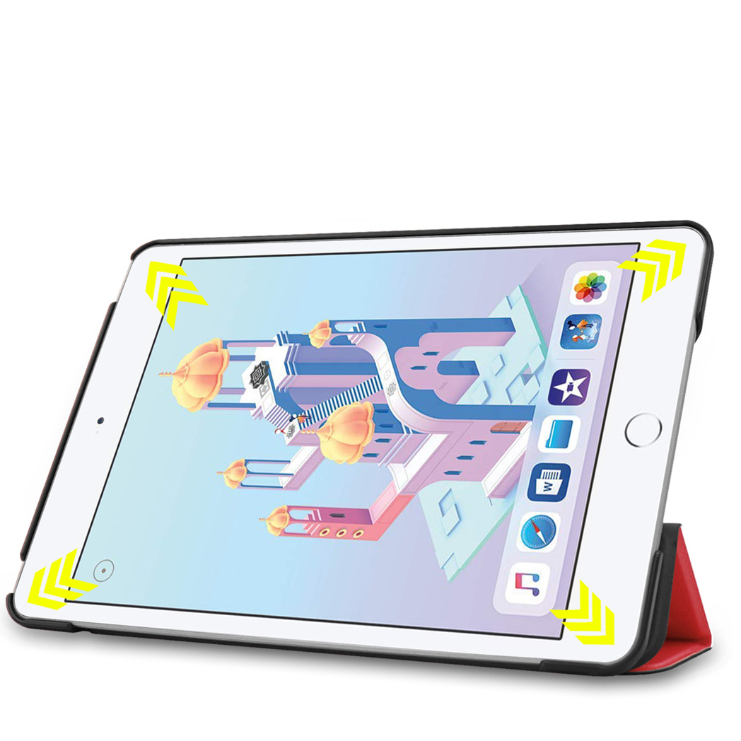 Tablet with a case, showing a colorful interface. Yellow arrows around edges.