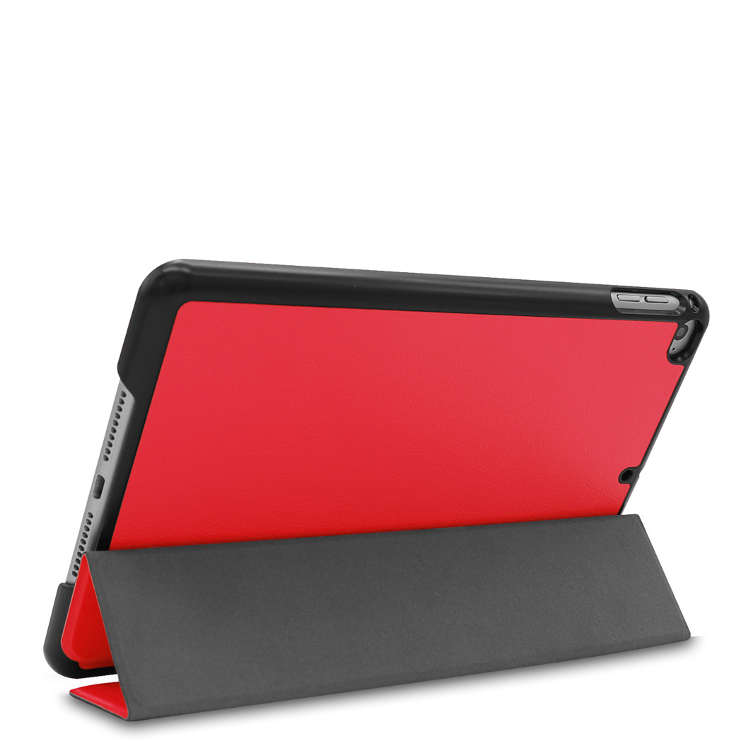 A red and black tablet case is open and propped up. It is a side view on a white background.