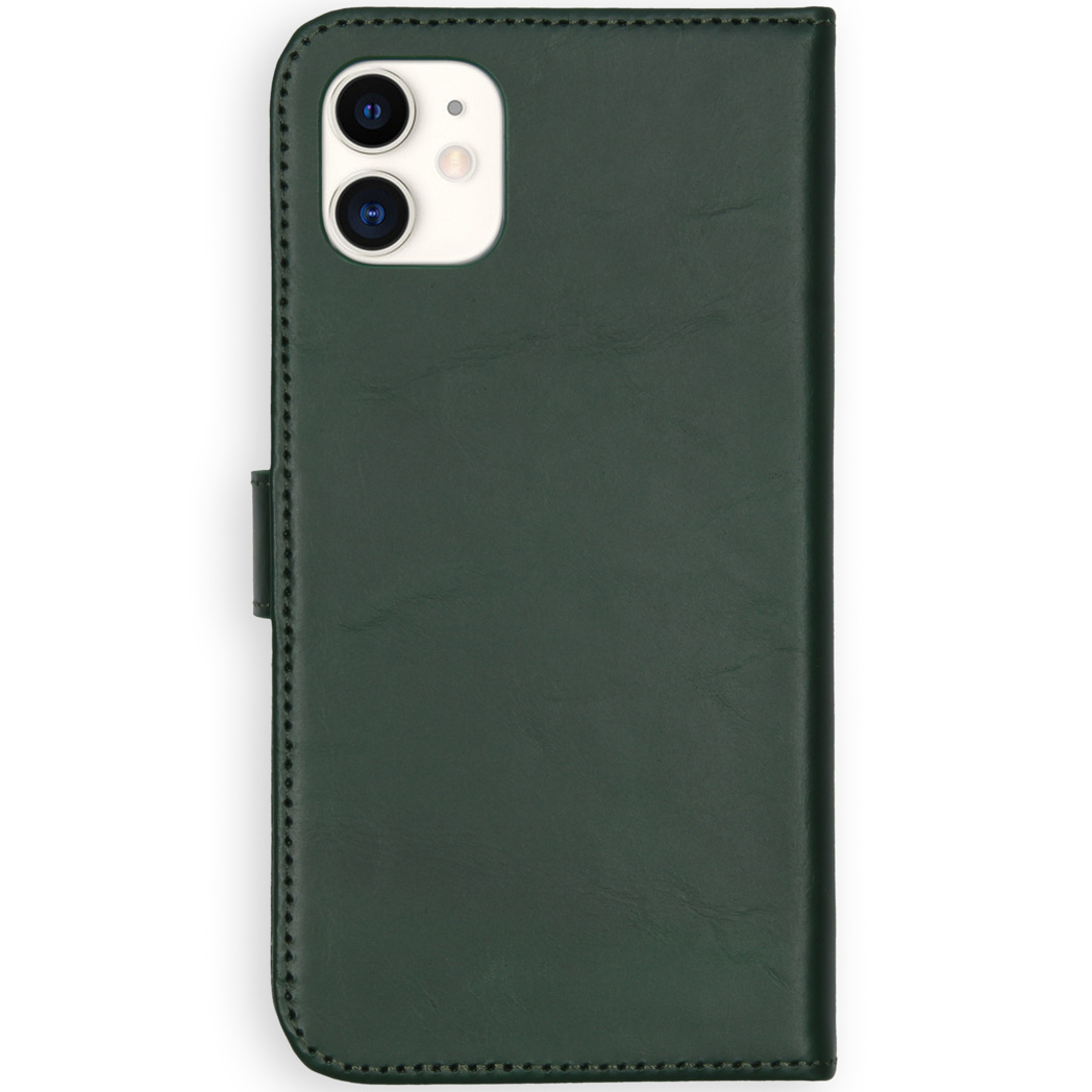 Coque de téléphone verte, fermée, vue latérale. Couleur vert foncé.