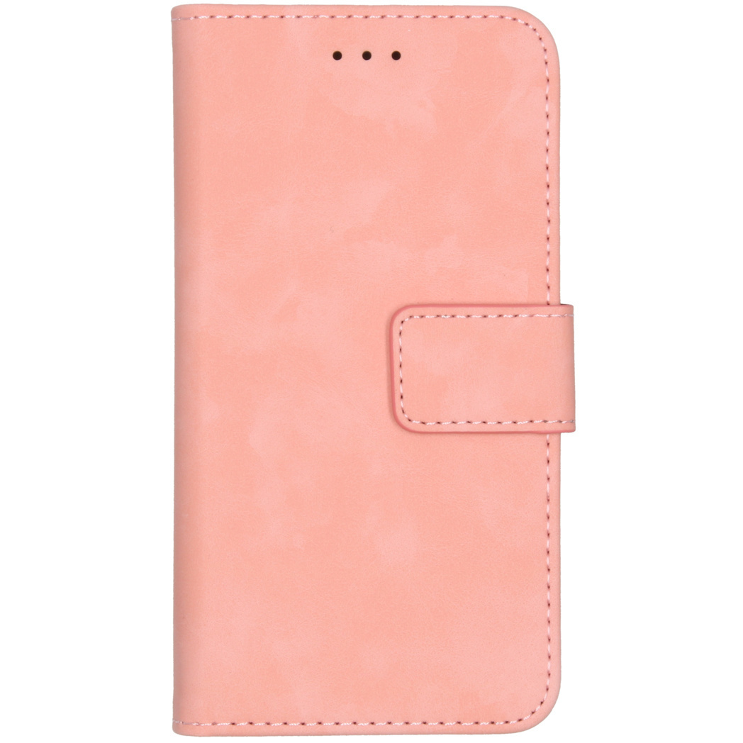 Roze telefoonhoesje met een magnetische sluiting, gesloten. Drie gaten aan de bovenkant.