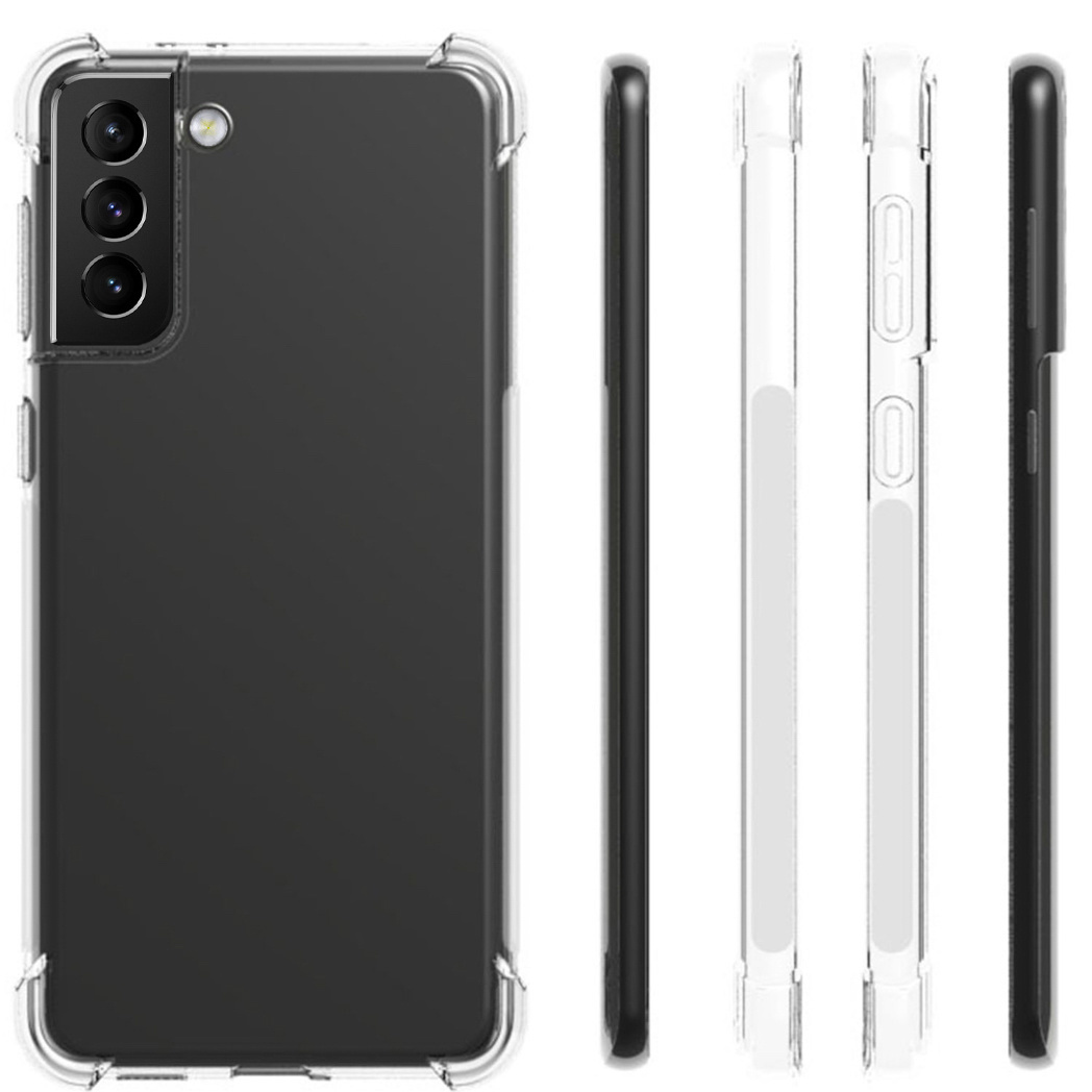 Een telefoonhoesje op een telefoon, met drie camera's en een doorzichtig hoesje.