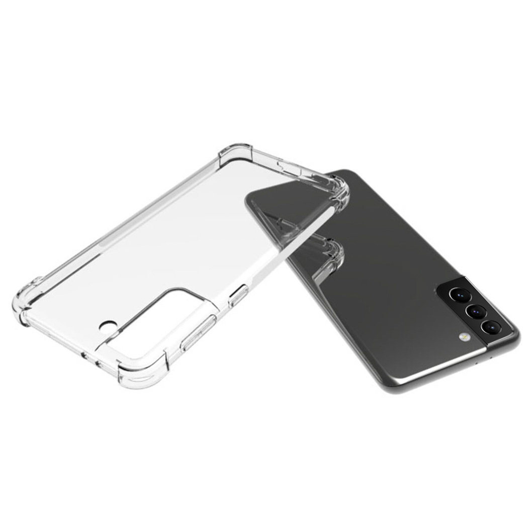 Transparante telefoonhoes met een telefoon erin. De telefoon is zwart met drie camera's.
