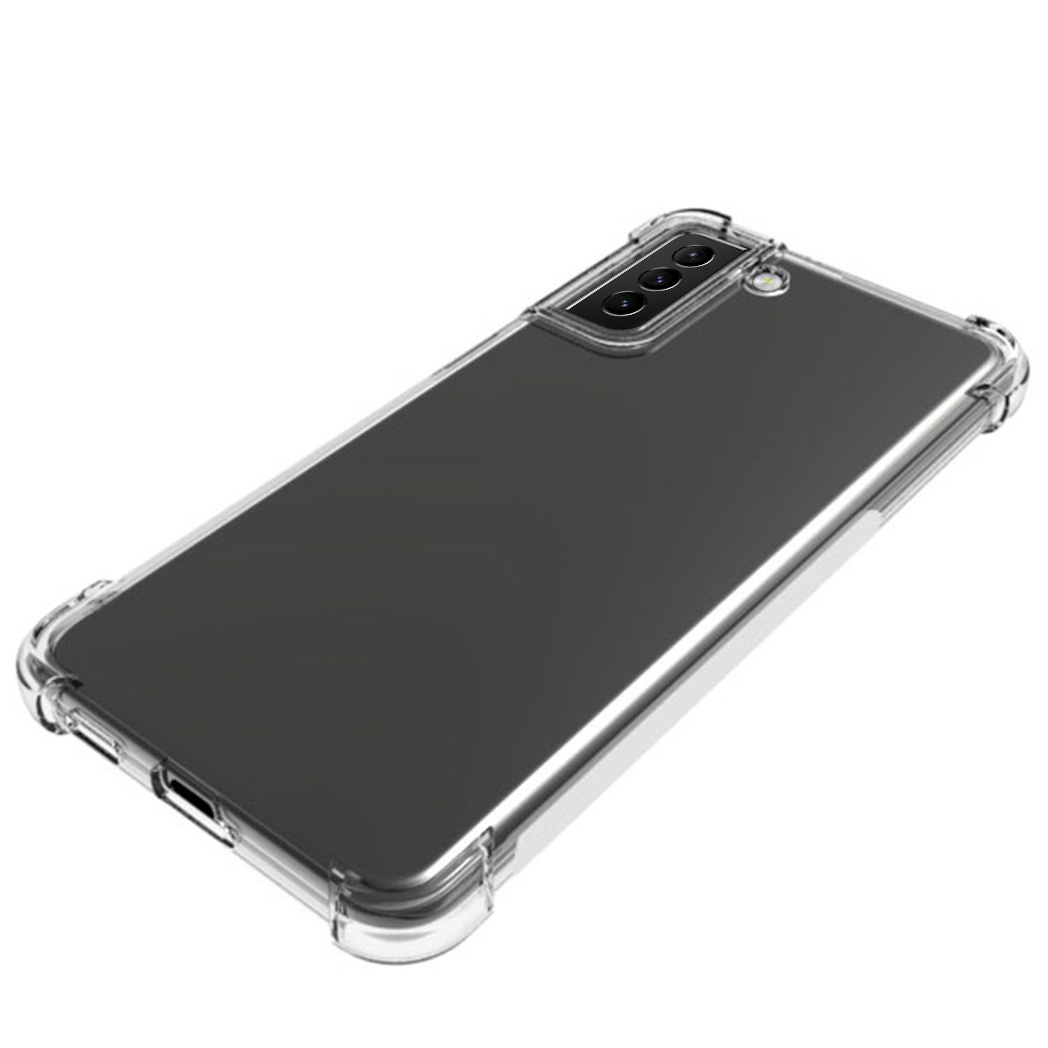 Een transparante telefoonhoes op een zwarte telefoon. De hoes heeft verstevigde hoeken.
