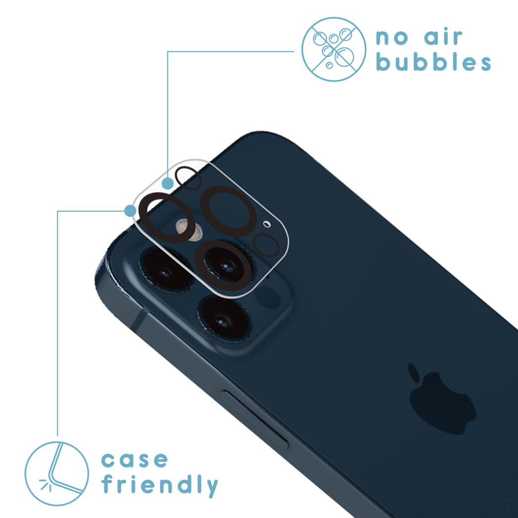 Téléphone avec protecteur d'objectif appliqué. Texte et diagrammes visibles. Fond bleu.