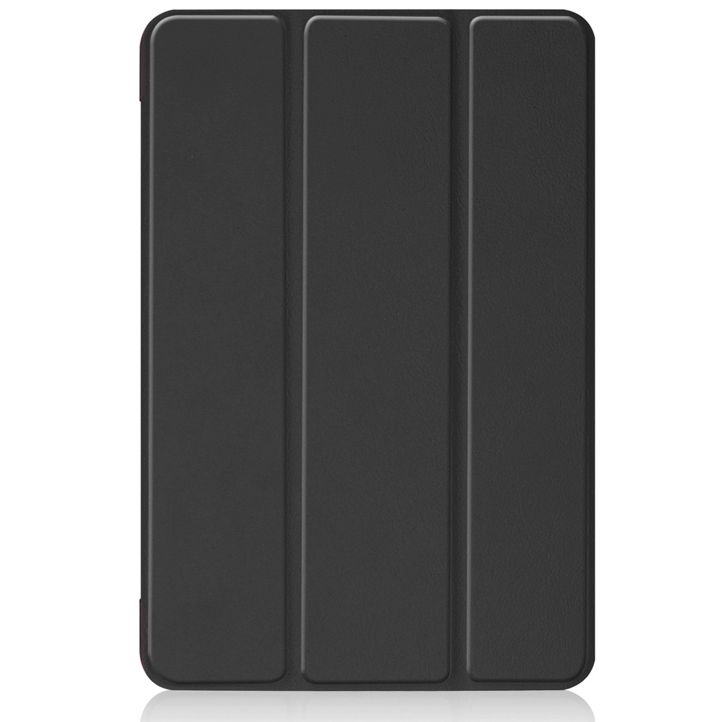 Black tablet case, closed, with a tri-fold design and a red border on the side.