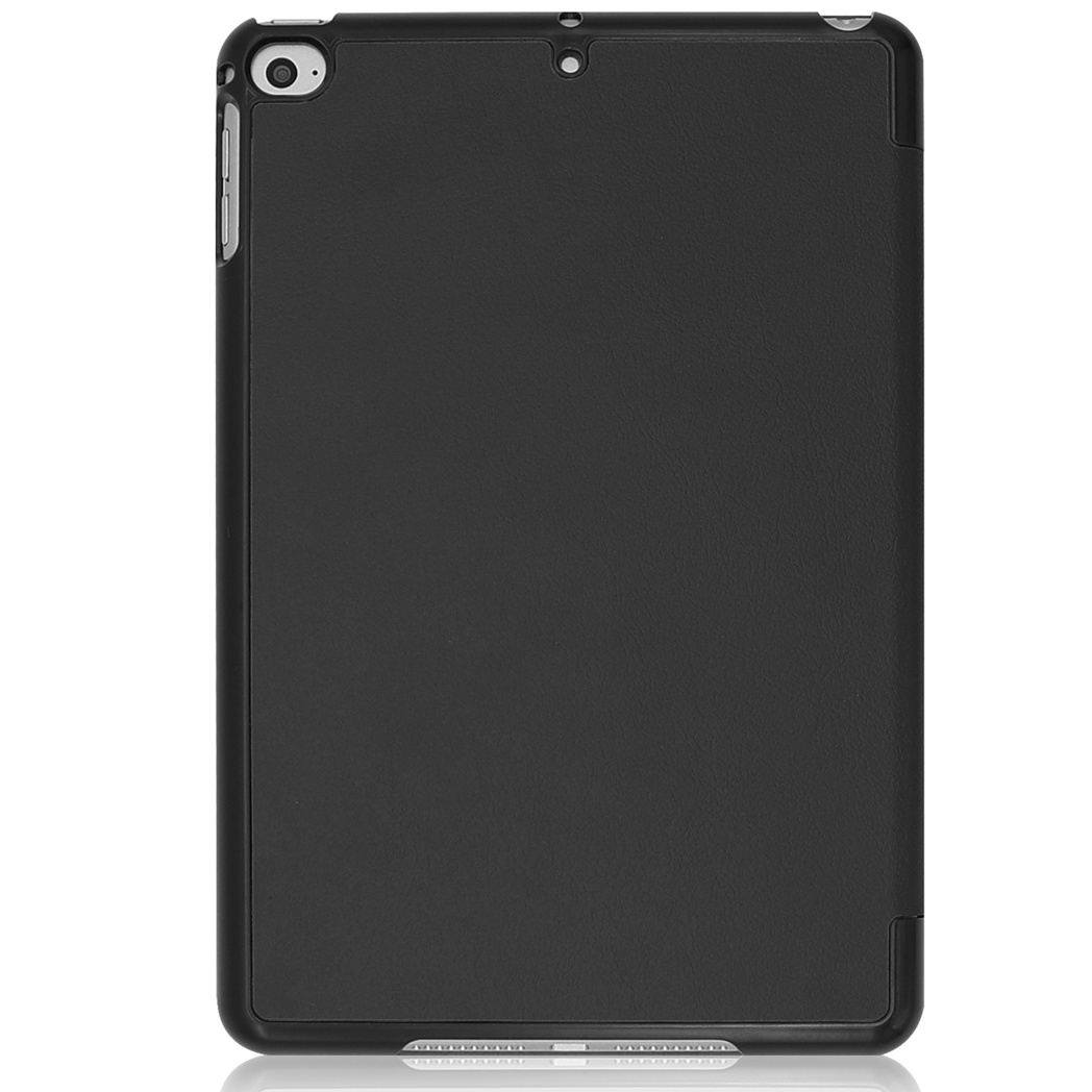 Black iPad case. Black cover with a silver frame and camera hole. White background.