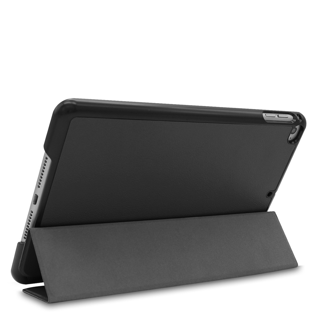 Black tablet case in open position. The tablet is black, and the case supports it in an angled position.