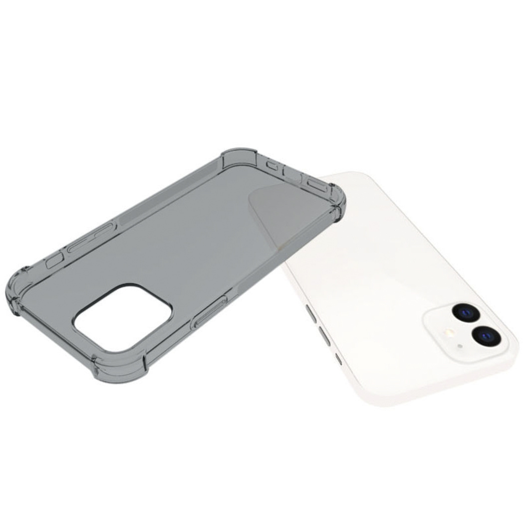 Witte iPhone naast een grijze, transparante hoes. De hoes is leeg en de telefoon is wit.
