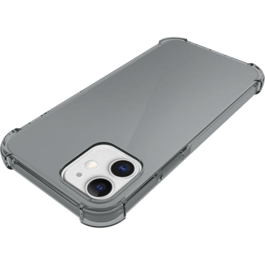 Een grijze telefoonhoes, schuine weergave, met de camera en beschermende randen.