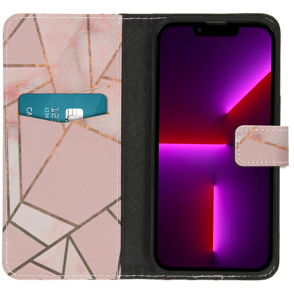 Smartphone in een hoesje, open. Scherm toont een kleurrijke achtergrond. Roze en goud.