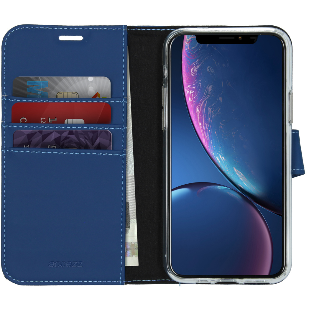 Custodia blu per telefono con fessure per carte e telefono sul lato destro, con cover blu.
