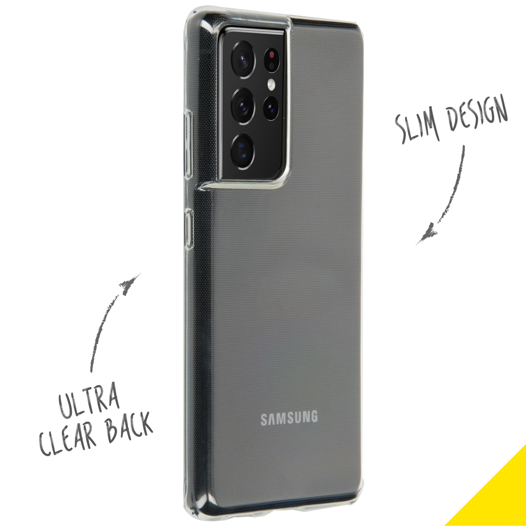 Un étui de téléphone transparent. Il a un design fin et un dos ultra clair. La marque Samsung est visible.