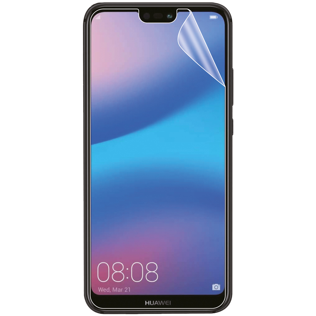 Smartphone avec protecteur d'écran. L'écran affiche l'heure, la date et le logo Huawei.