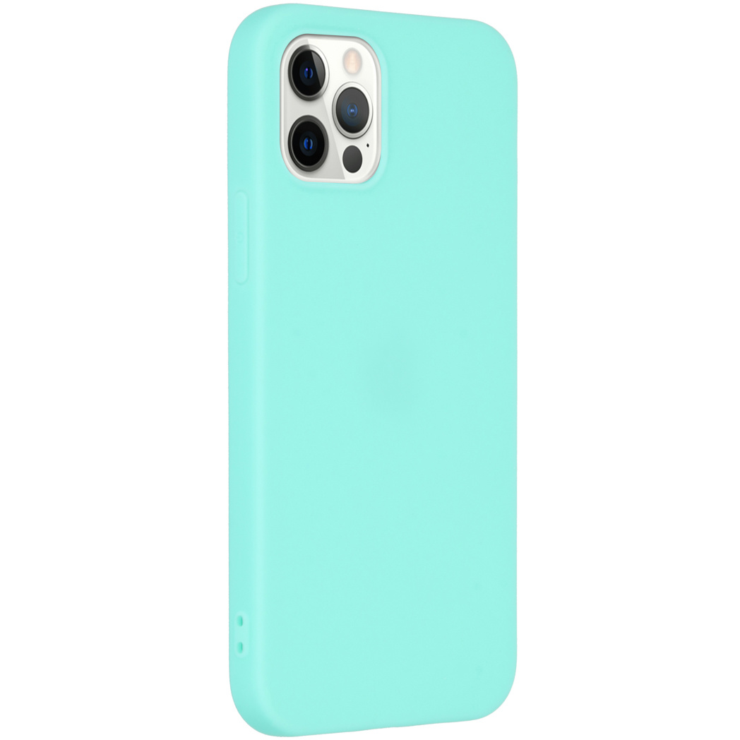 Een lichtblauwe telefoonhoes met een uitsparing voor de camera.