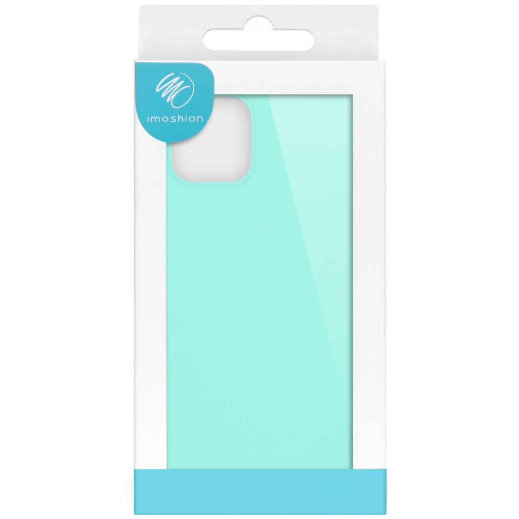 Mint telefoonhoesje in verpakking. Witte lijst rond de hoes. Witte achtergrond.