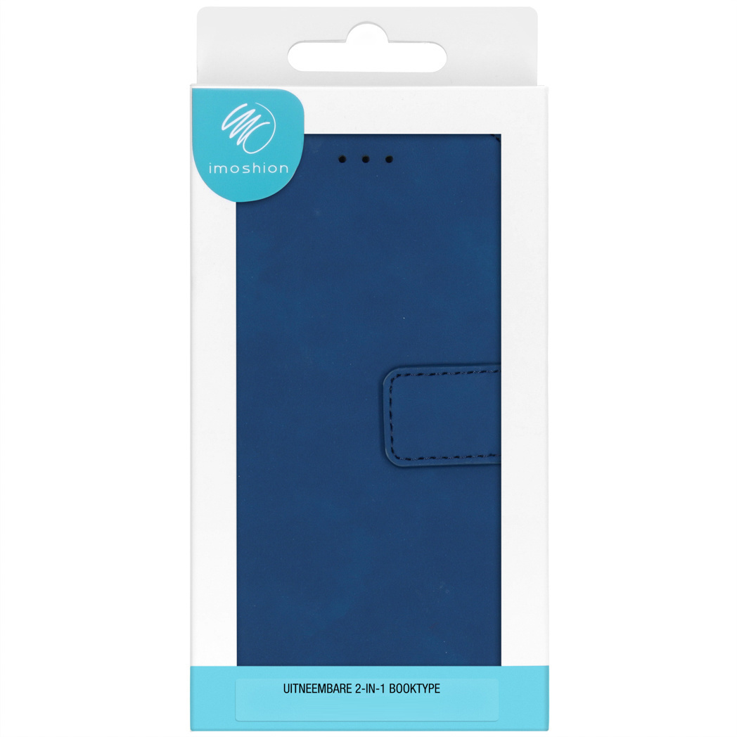 Een blauwe telefoonhoes in een witte doos met het merk 'imoshiion'.