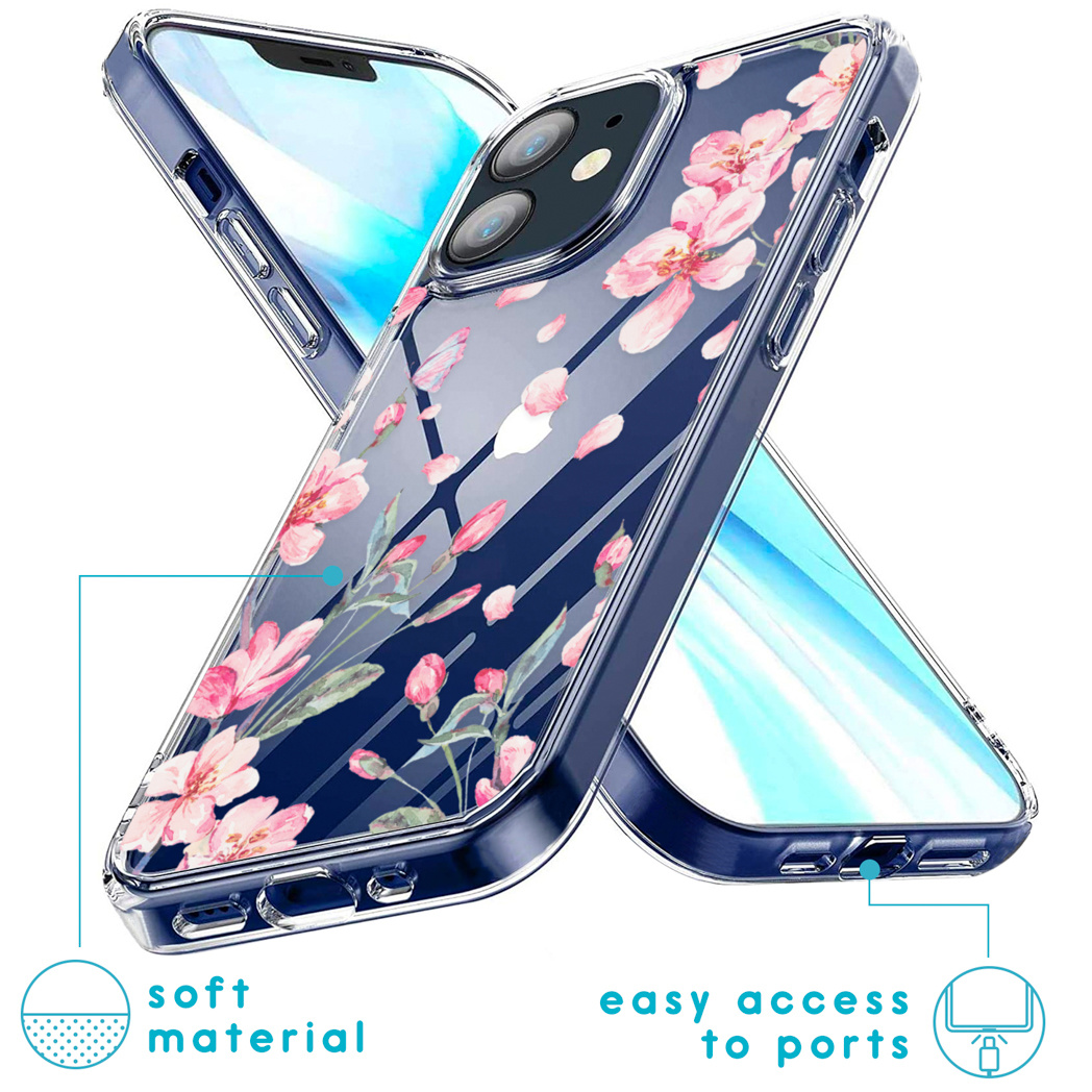 Due telefoni con custodie trasparenti, uno con un design floreale. Entrambi sono mostrati ad angolo.