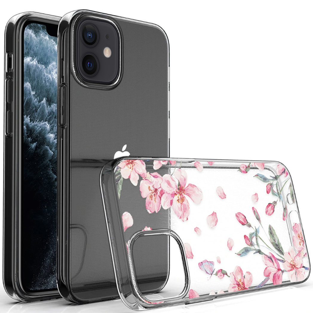 Custodia trasparente con design a fiori rosa. Vengono mostrati due telefoni, uno con custodia, l'altro senza.