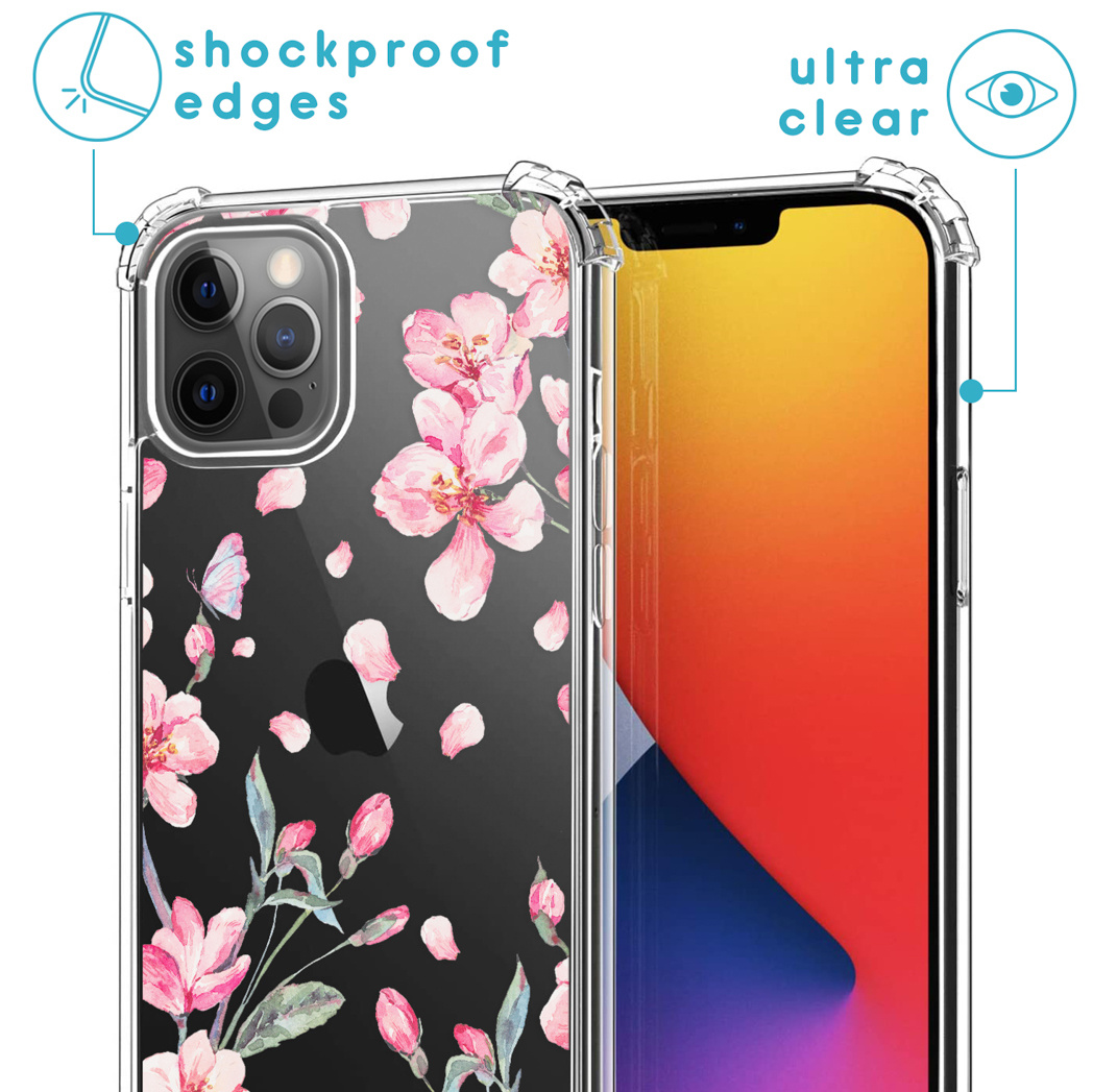 Transparante telefoonhoes met roze bloemen en een telefoon erin. Tekst: Schokbestendige randen, ultra helder.
