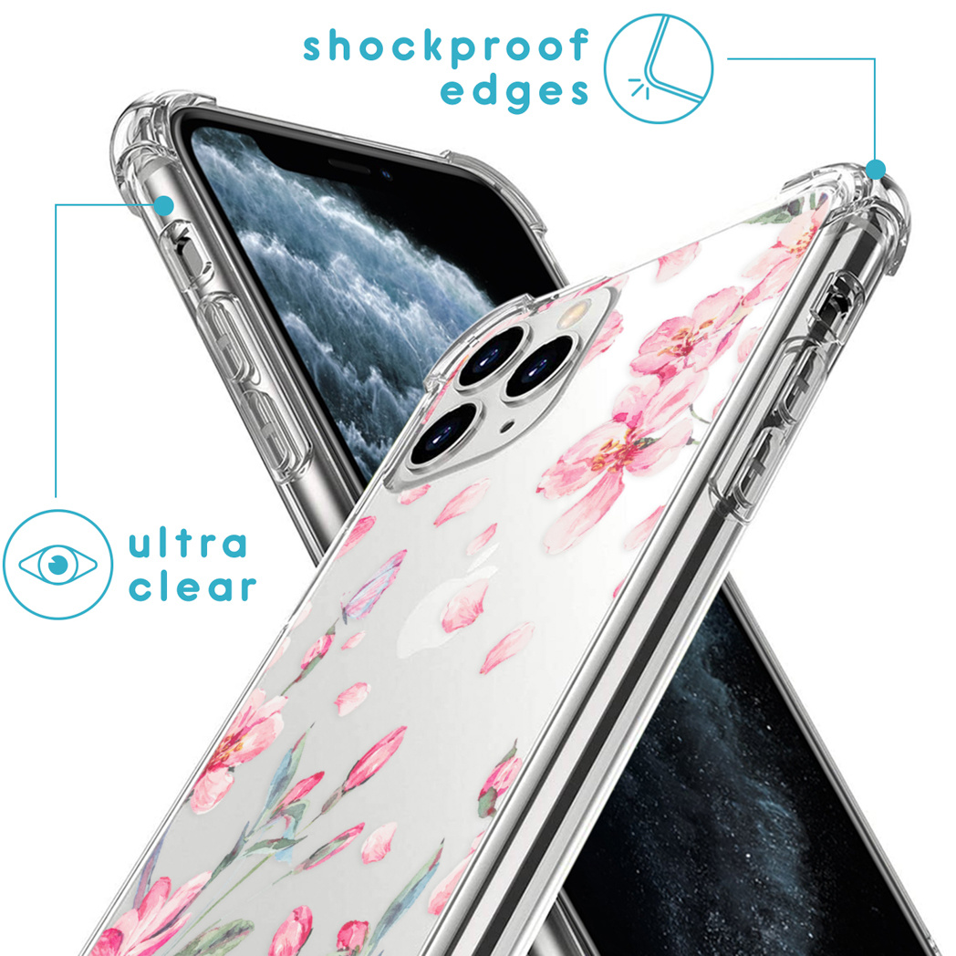 Deux coques de téléphone transparentes avec un motif de fleurs roses. Caractéristiques : bords antichoc, ultra clairs.