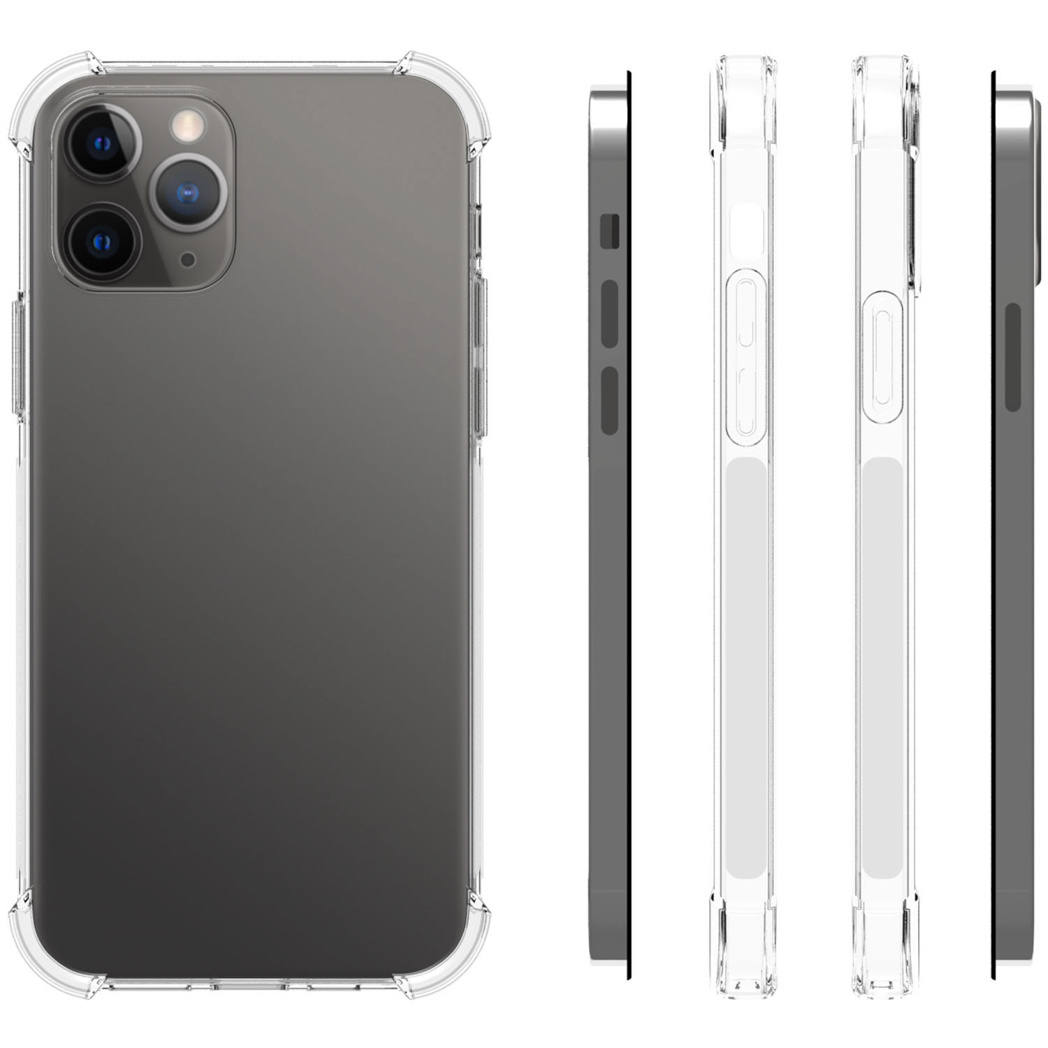 Quattro viste di una custodia trasparente per telefono. La custodia protegge la parte posteriore e i lati del telefono, con ritagli per fotocamera e pulsanti.