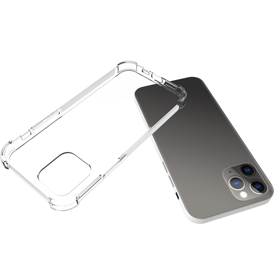 Una custodia trasparente per telefono accanto a un iPhone grigio. La custodia è aperta.