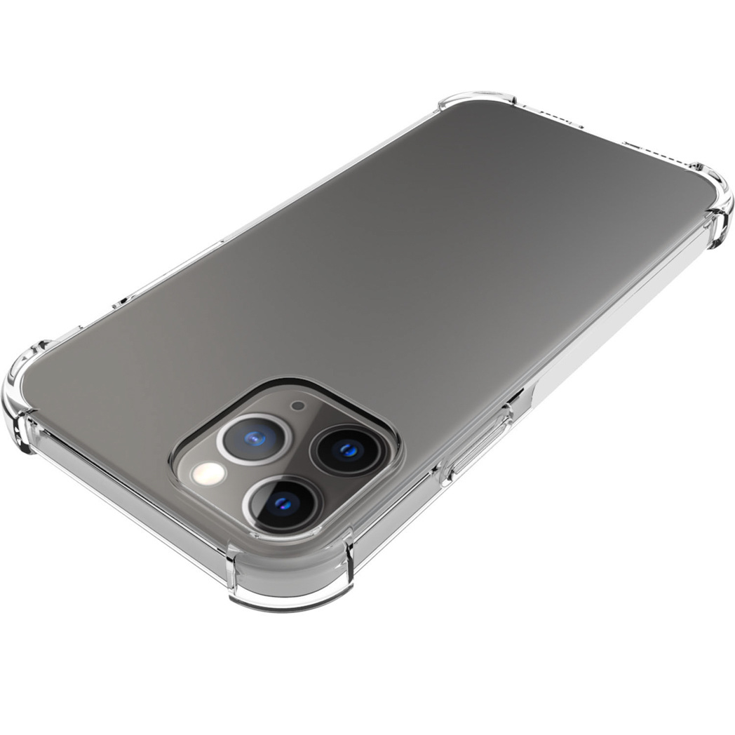 Una custodia trasparente con una cover posteriore grigiastra. La custodia è trasparente con fori per la fotocamera.