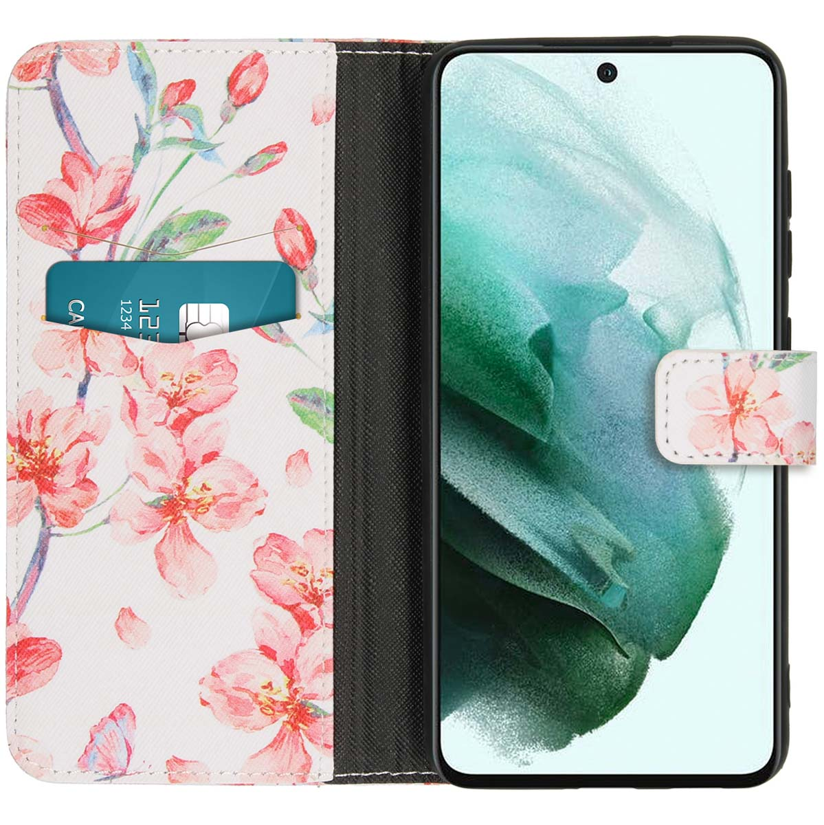 Telefoonhoesje open met kaart en bloemenontwerp. Een creditcard tonend.