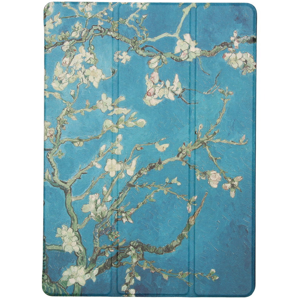 Tablet cover with a painting of blooming almond tree branches against a blue background.