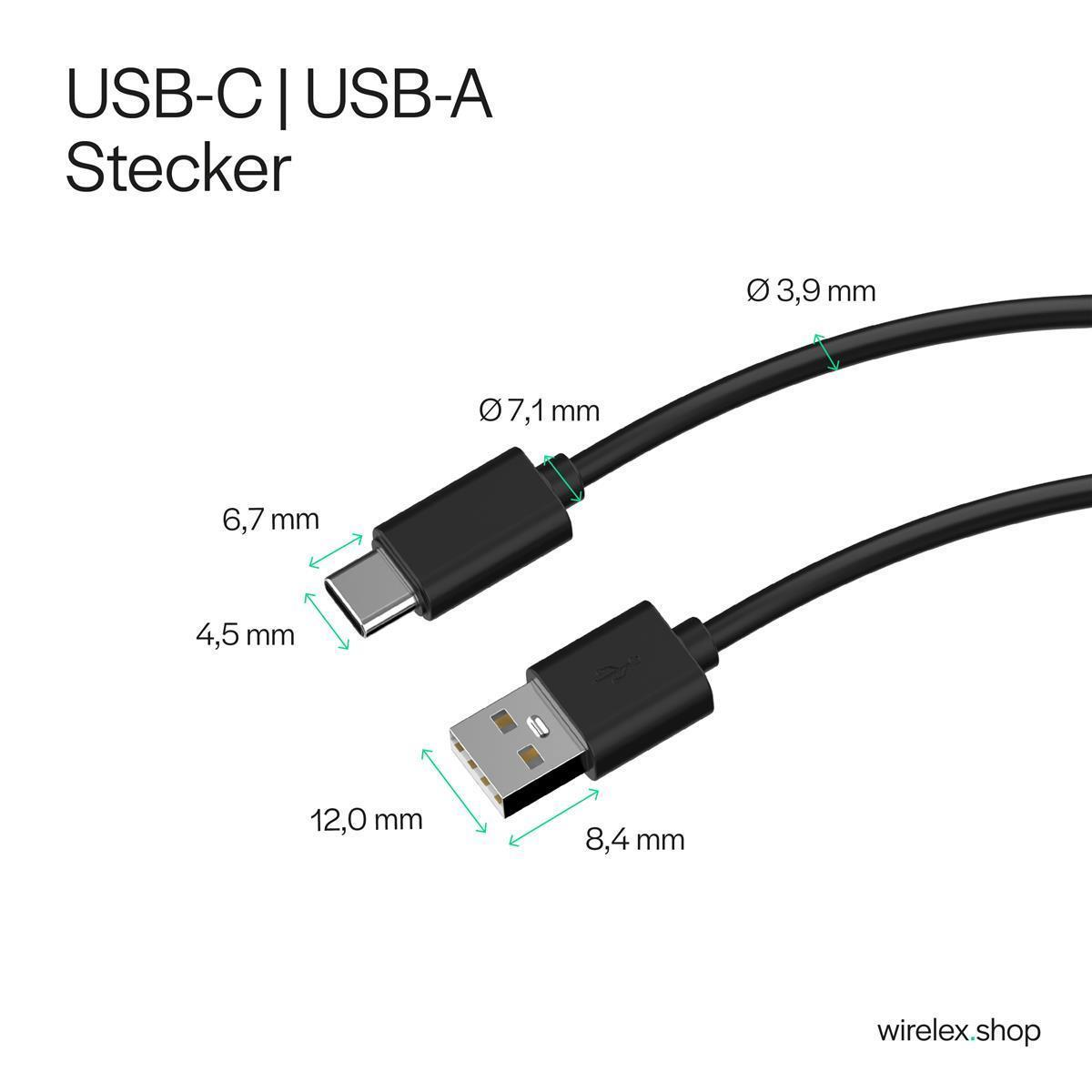 USB-C- und USB-A-Anschlüsse mit Maßen, beschriftet als 'Stecker'.