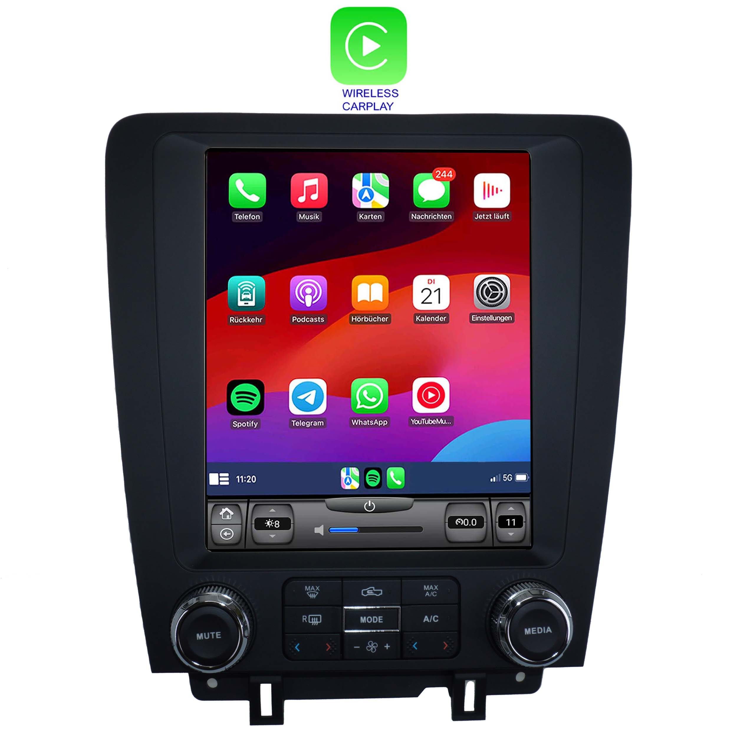 Ein Autoradio mit großem Bildschirm, der Apps anzeigt. Es hat ein Wireless CarPlay Logo.