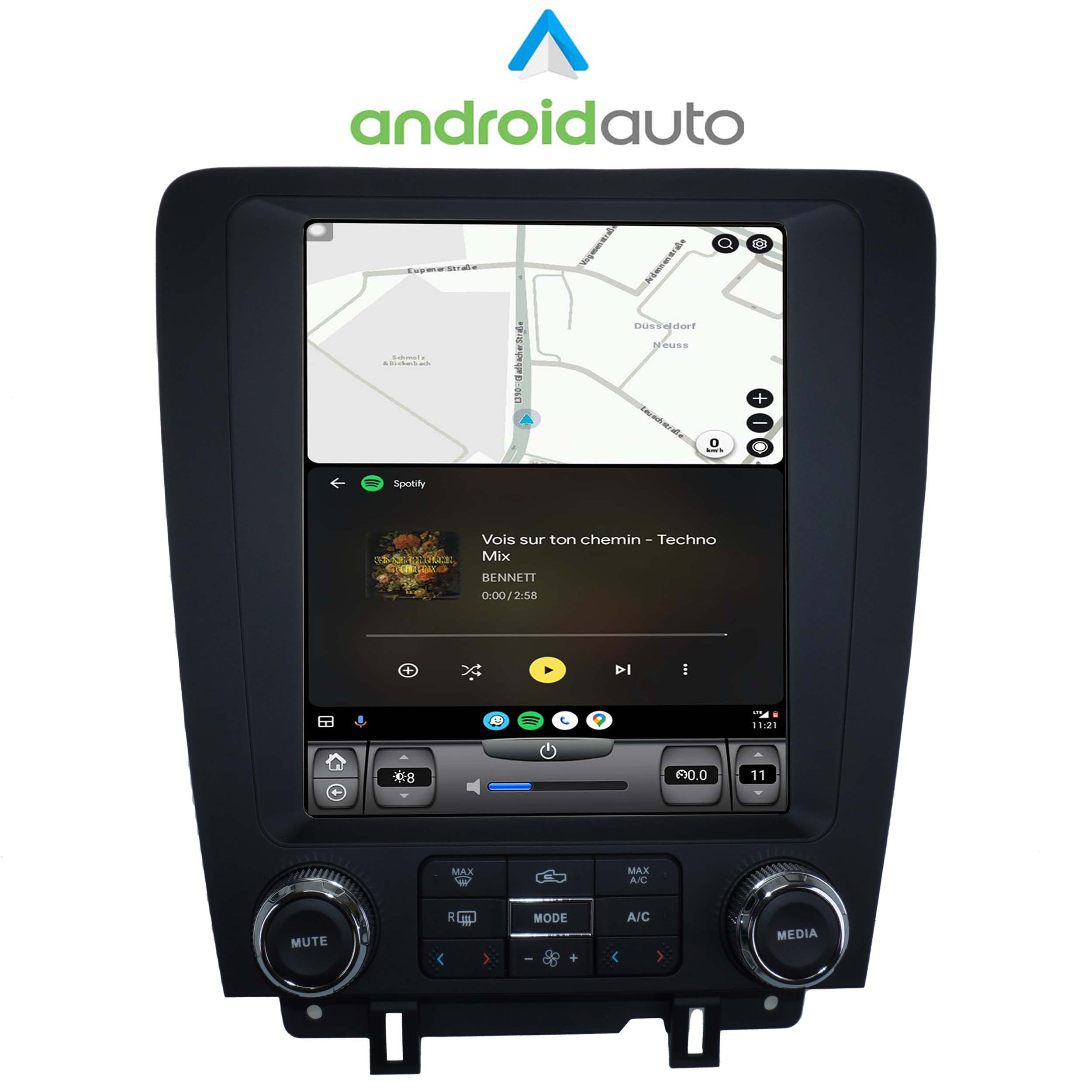 Autobildschirm, der eine Karte mit Musiksteuerungen und dem Android Auto-Logo oben anzeigt.