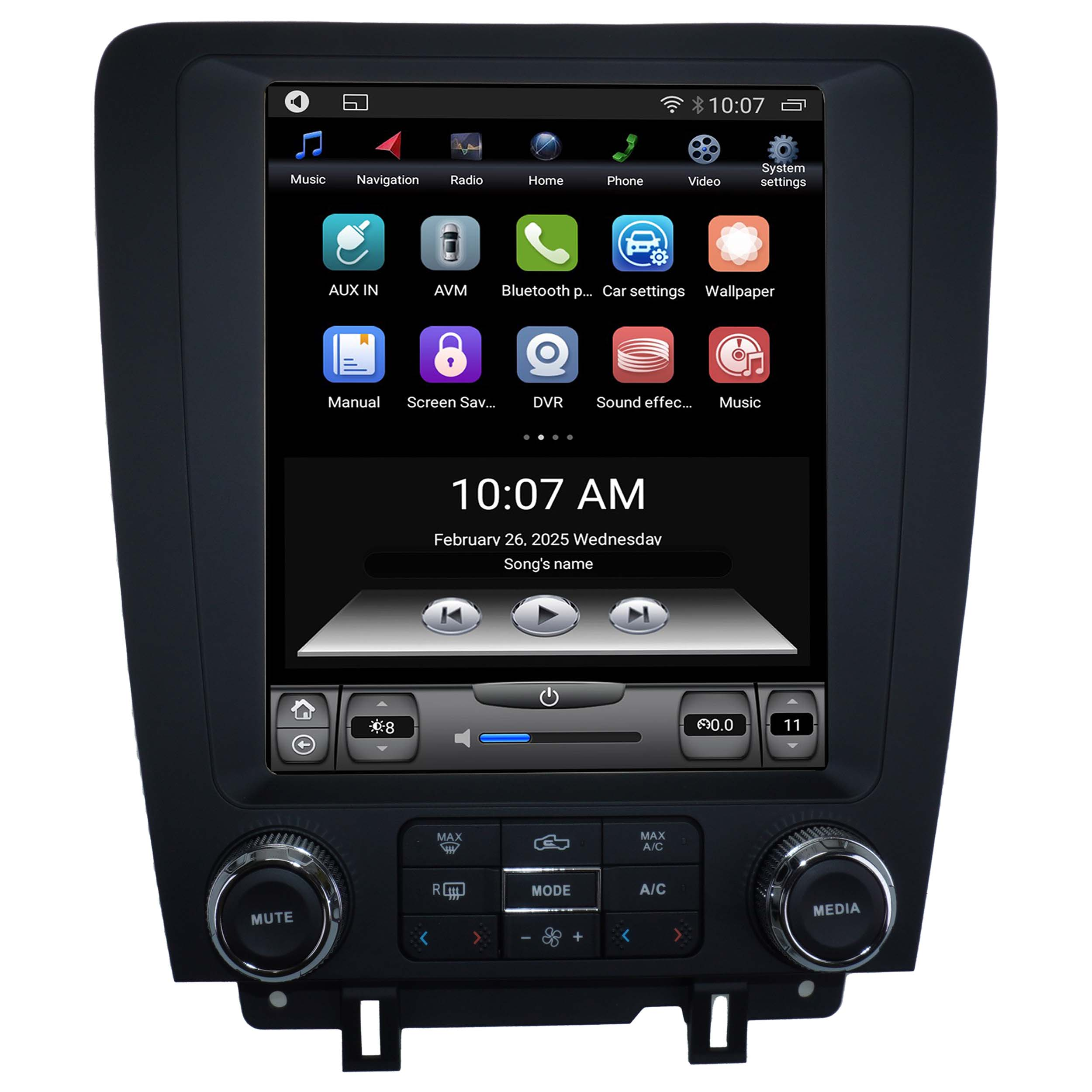 Auto-Multimedia-System mit Apps und Datum, umgeben von Bedienelementen. Schwarzer Rahmen auf weißem Hintergrund.