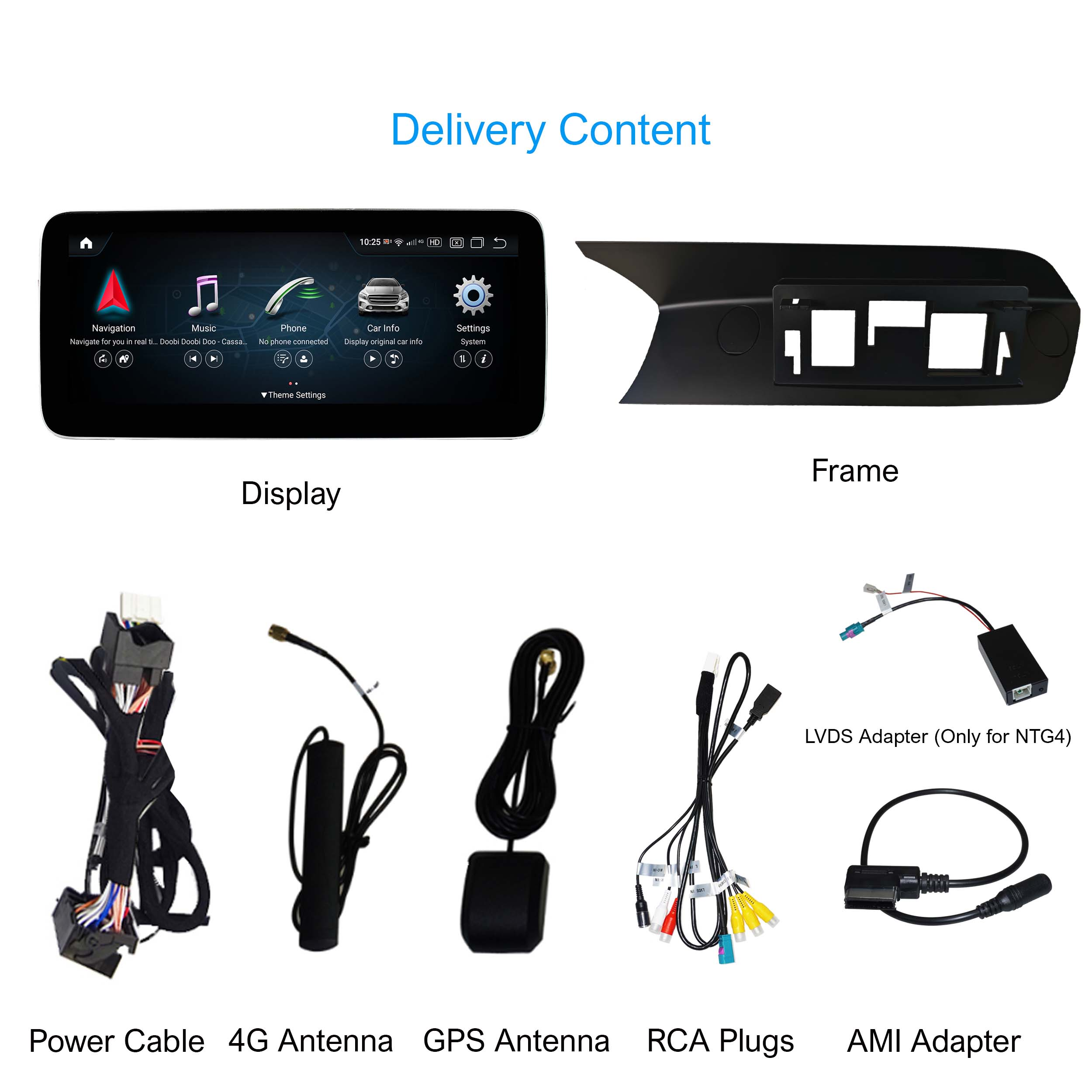 Autoradio-Display und Komponenten. Beinhaltet Display, Rahmen, Kabel, Antennen und Adapter. Weißer Hintergrund.