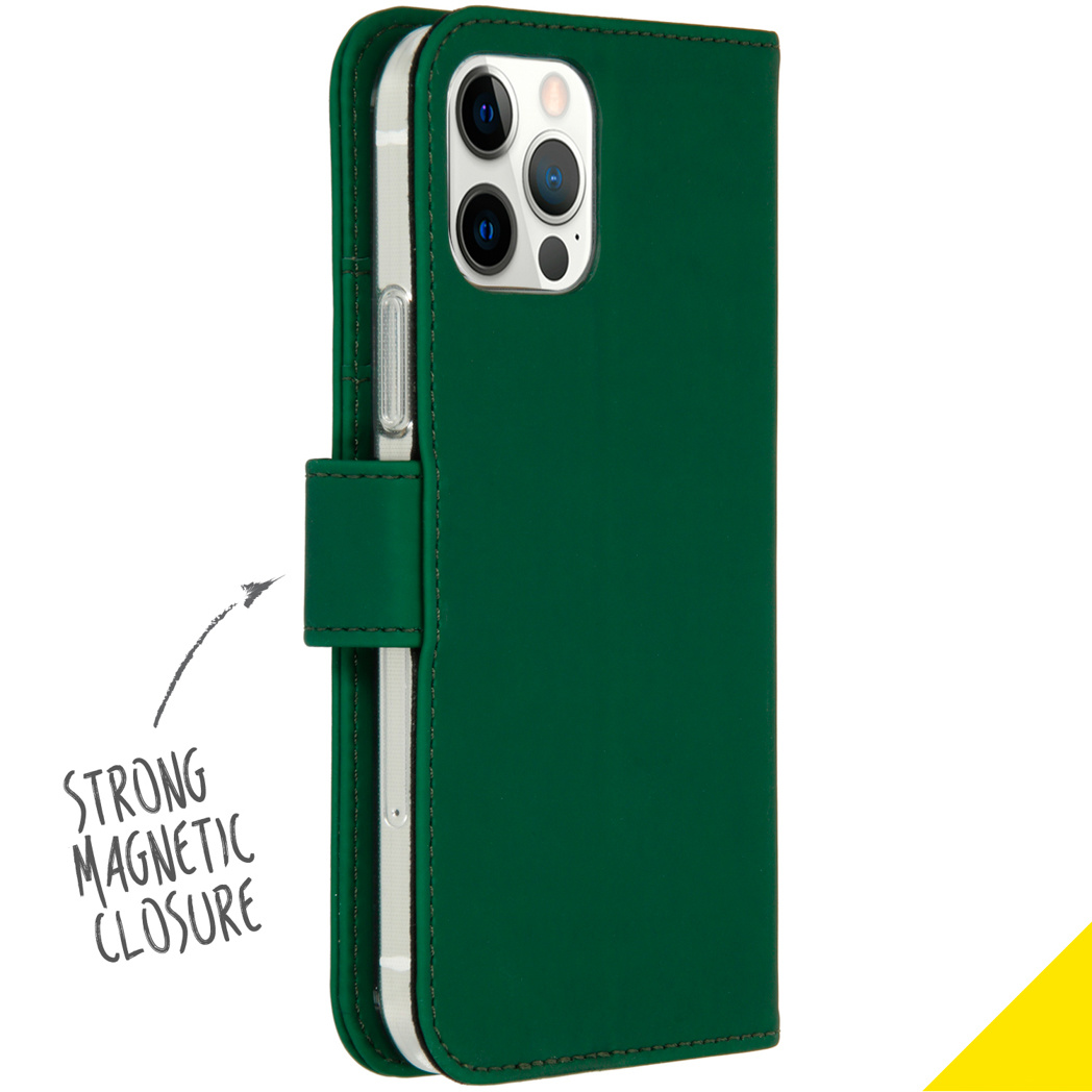Open green phone case with a phone inside. Strong magnetic closure is indicated, showing the phone's back.