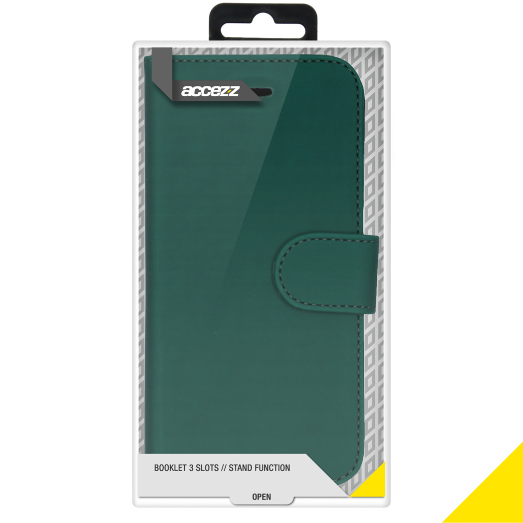 Green phone case in packaging. Green case, with a button clasp, and a clear plastic display.